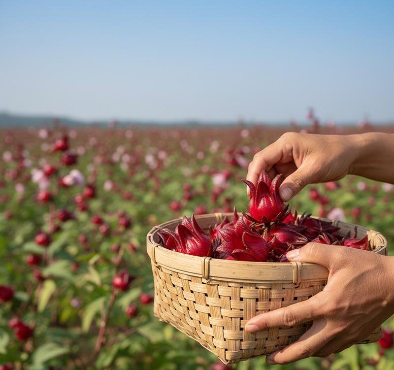 Fresh hibiscus calyces being gathered by hand